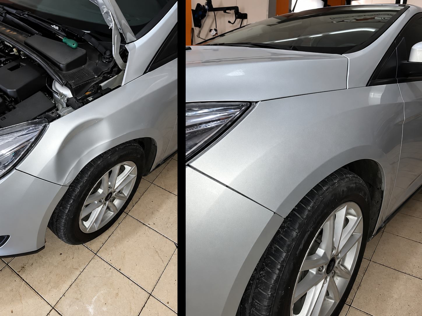Detalle antes y después de reparación de carrocería